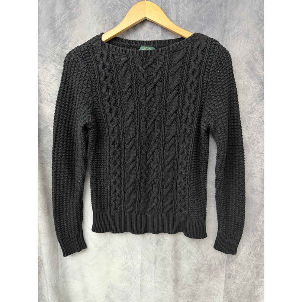 Lauren Jeans Co Ralph Lauren Black Cable Knit Sweater Cotton Blend Womens Small